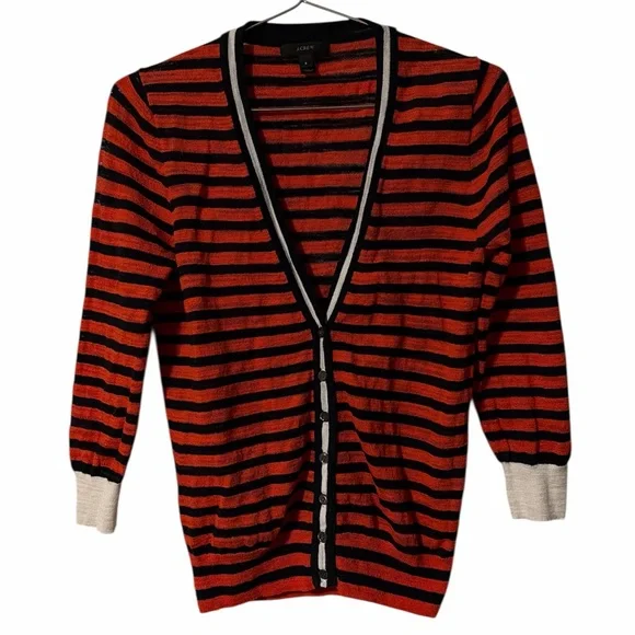 J. Crew Red and Black Striped V-Neck Cardigan Sweater with Cream Cuffs - Picture 2 of 5